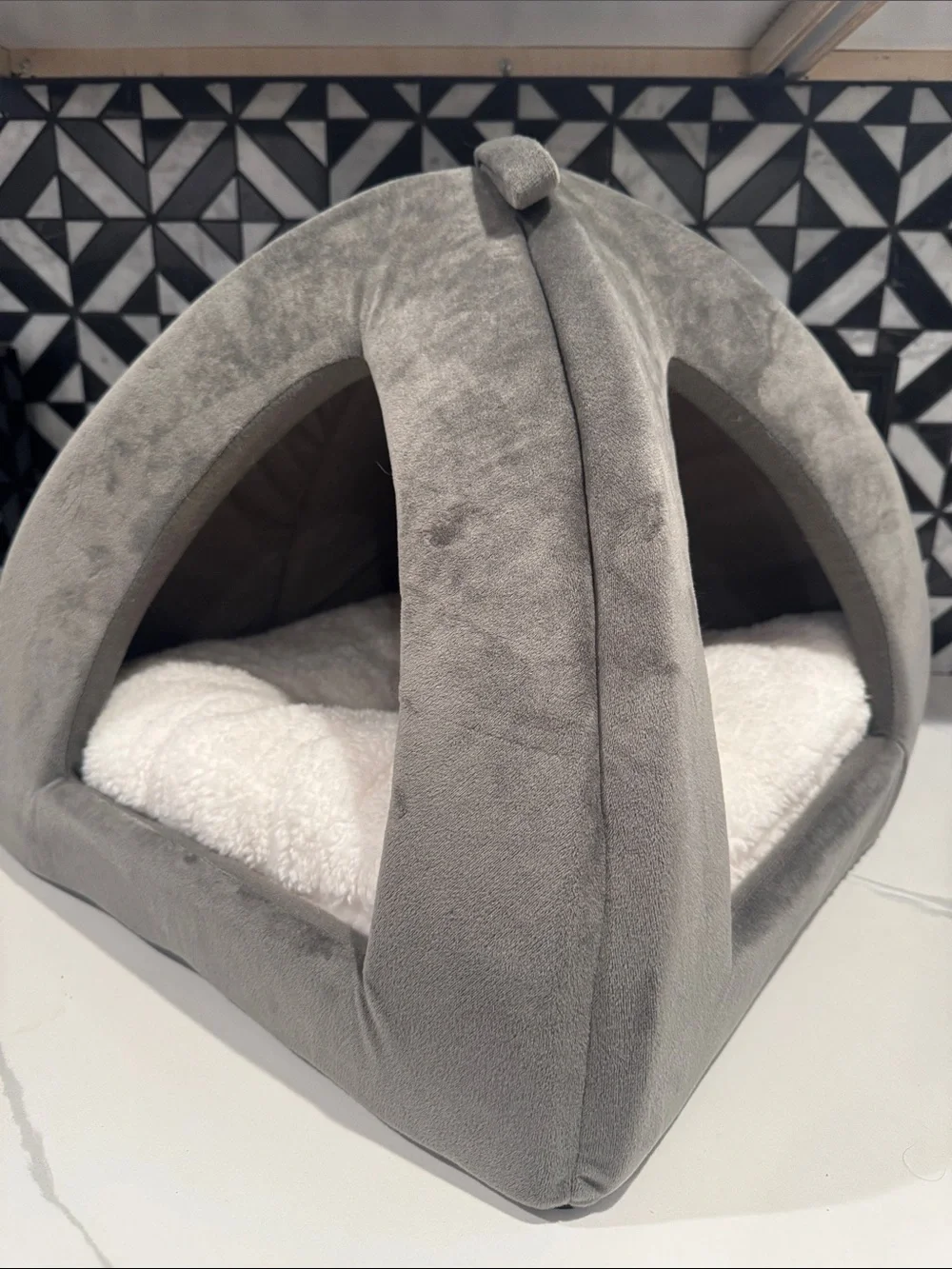 Cat Bed Gray Plush Open Sided